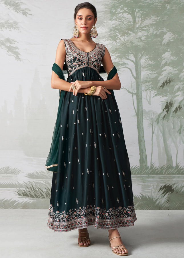 Dark Green Embroidered Anarkali Gown