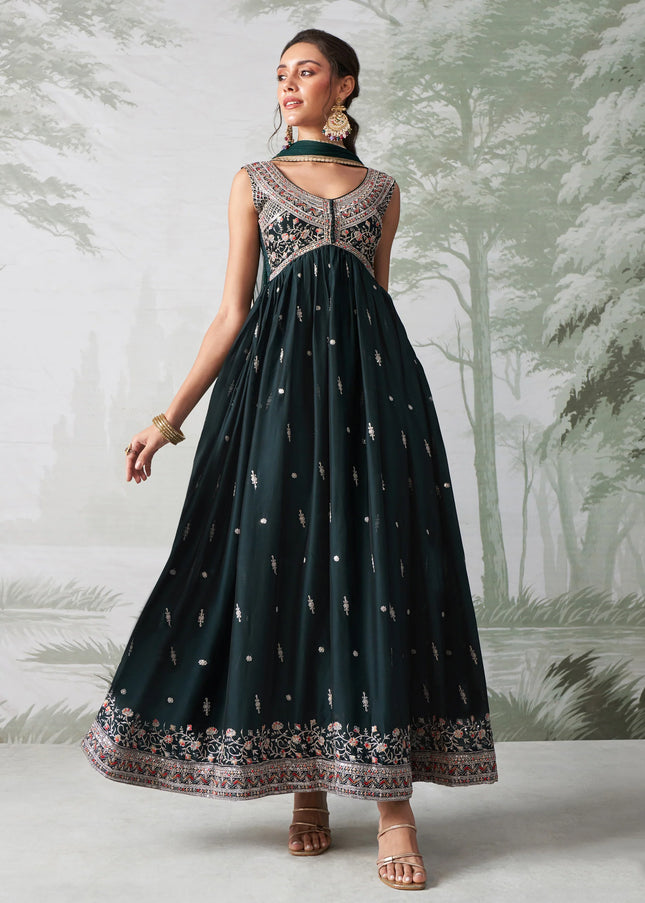 Dark Green Embroidered Anarkali Gown