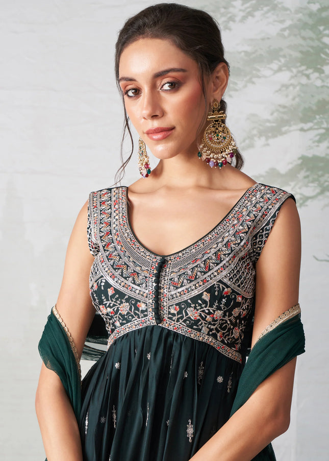 Dark Green Embroidered Anarkali Gown