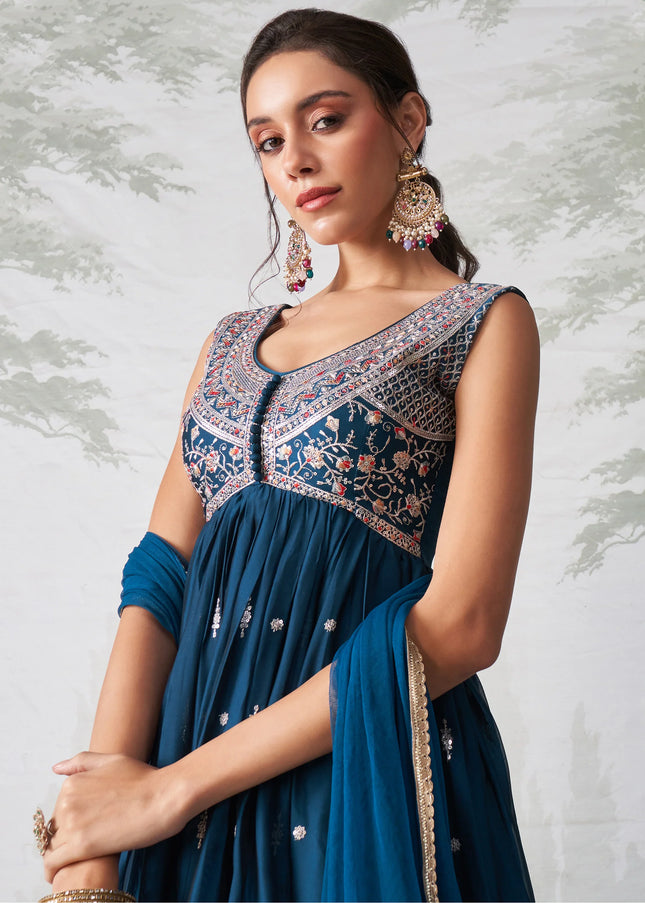 Blue Embroidered Anarkali Gown