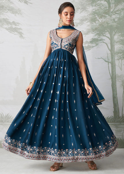 Blue Embroidered Anarkali Gown