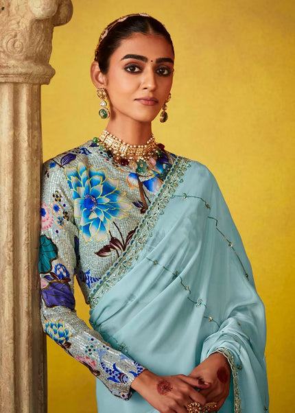 Sky Blue Embroidered Festive Saree