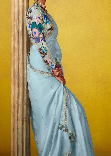 Sky Blue Embroidered Festive Saree