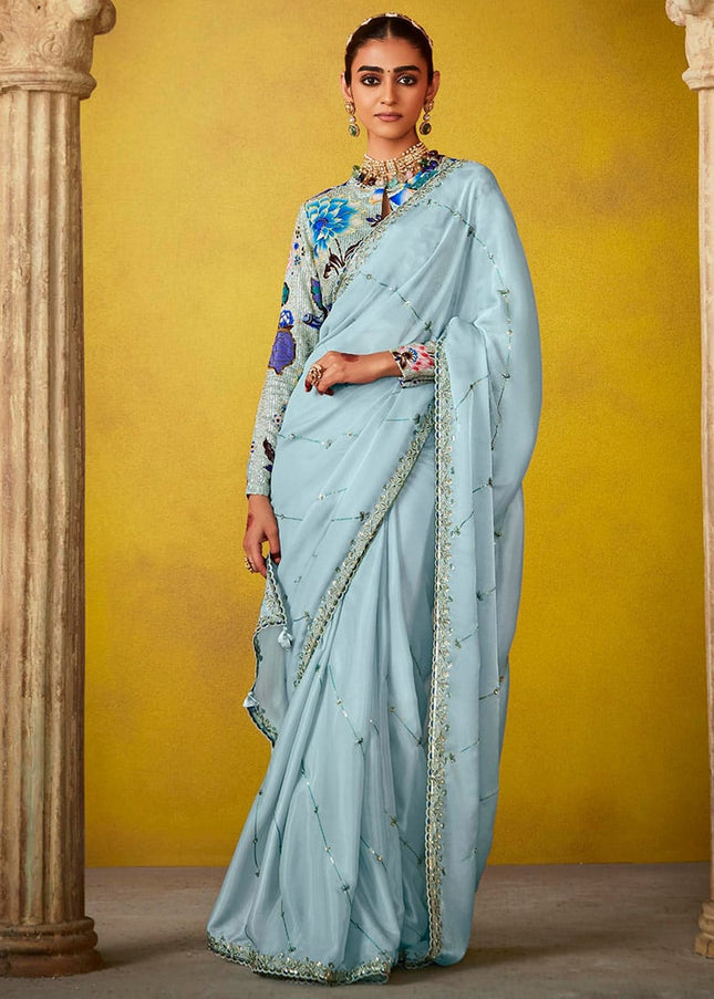 Sky Blue Embroidered Festive Saree