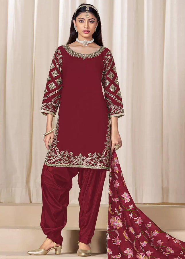 Maroon Embroidered Punjabi Suit