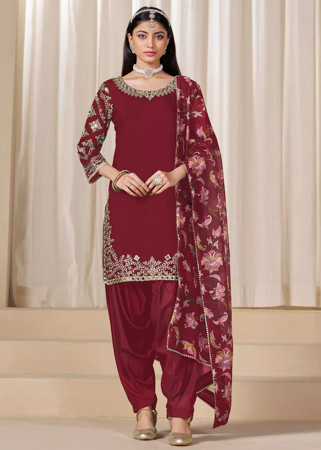 Maroon Embroidered Punjabi Suit