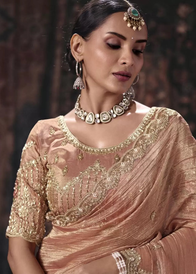 Peach Embroidered Wedding Saree
