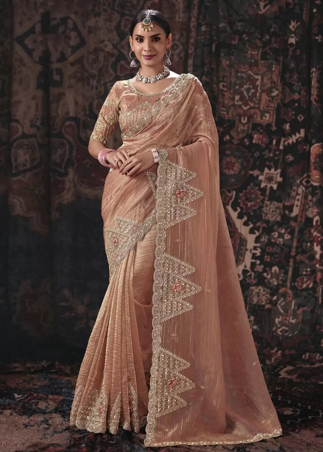 Peach Embroidered Wedding Saree