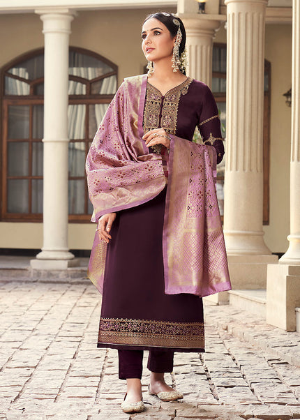 Purple and Pink Embroidered Pant Style Suit