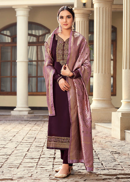 Purple and Pink Embroidered Pant Style Suit