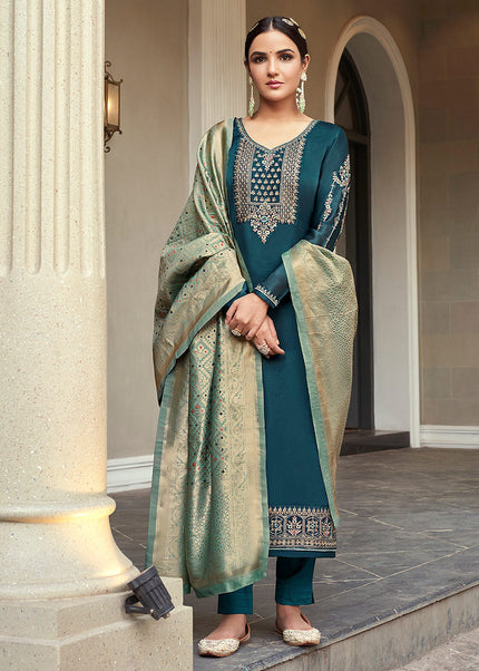 Teal Blue and Green Embroidered Pant Style Suit