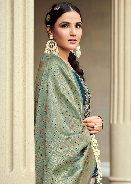 Teal Blue and Green Embroidered Pant Style Suit