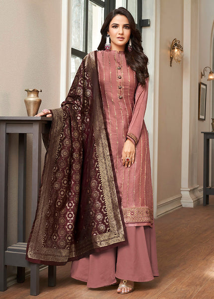 Pink and Maroon Embroidered Palazzo Suit
