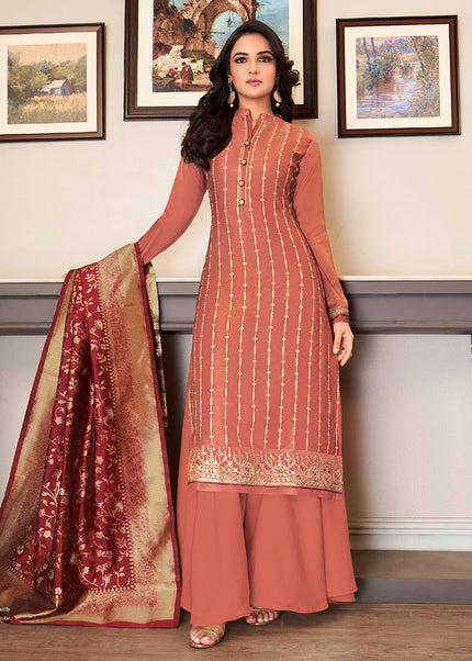 Peach Pink and Gold Embroidered Palazzo Suit