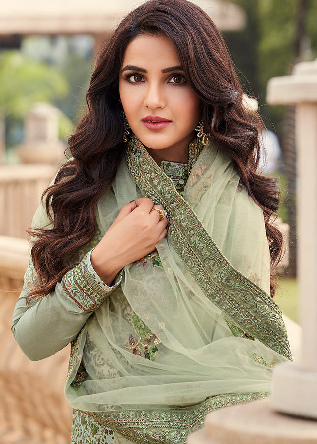 Light Green Embroidered Pant Style Suit