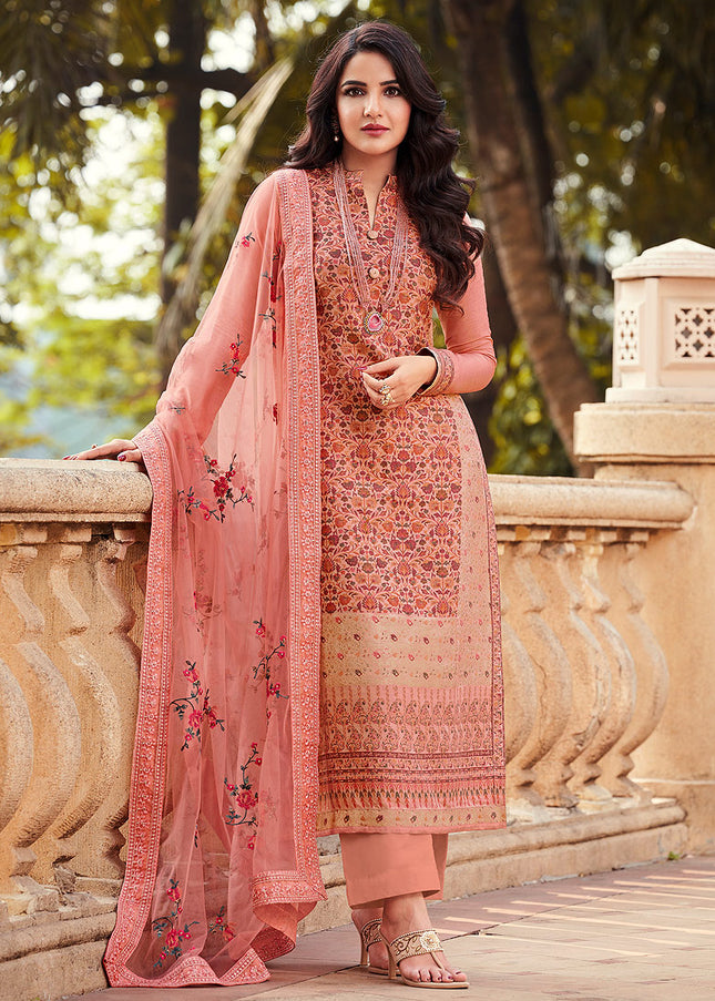 Peach and Pink Embroidered Pant Style Suit