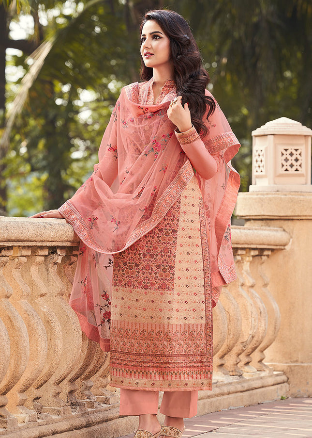 Peach and Pink Embroidered Pant Style Suit