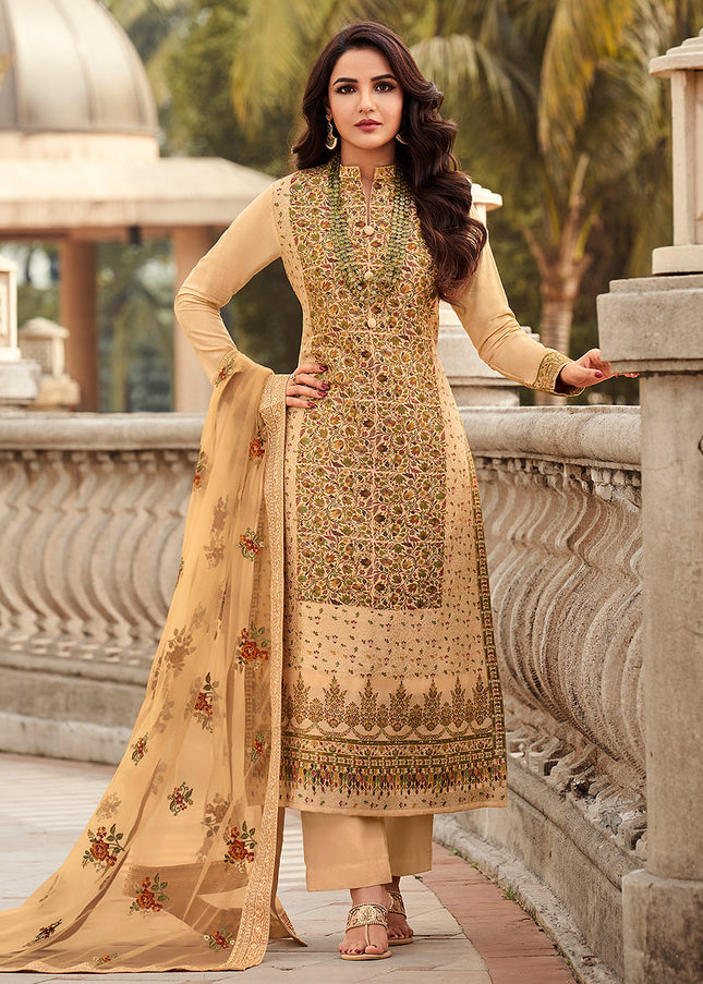 Beige Embroidered Pant Style Suit
