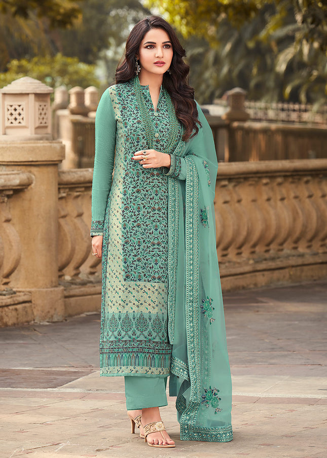 Sea Green Embroidered Pant Style Suit