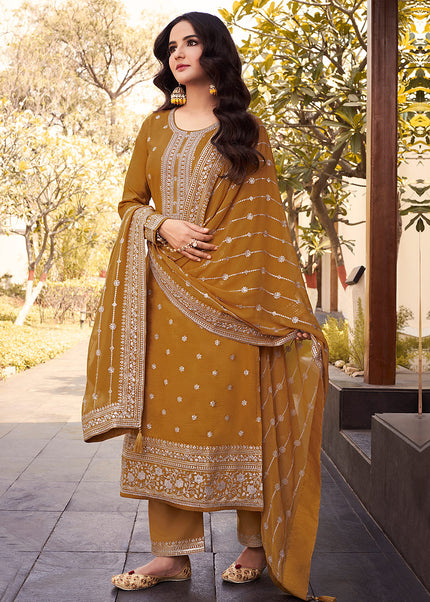 Mustard and Gold Embroidered Pant Style Suit