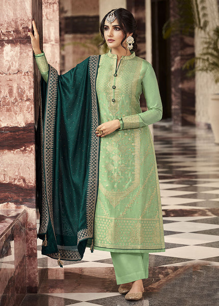 Green and Gold Embroidered Pant Style Suit