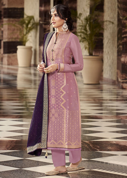 Light Purple and Gold Embroidered Pant Style Suit