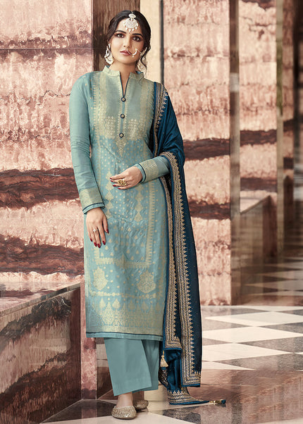 Teal and Gold Embroidered Pant Style Suit