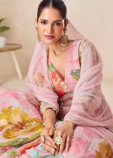 Pink Printed and Embroidered Anarkali Gown