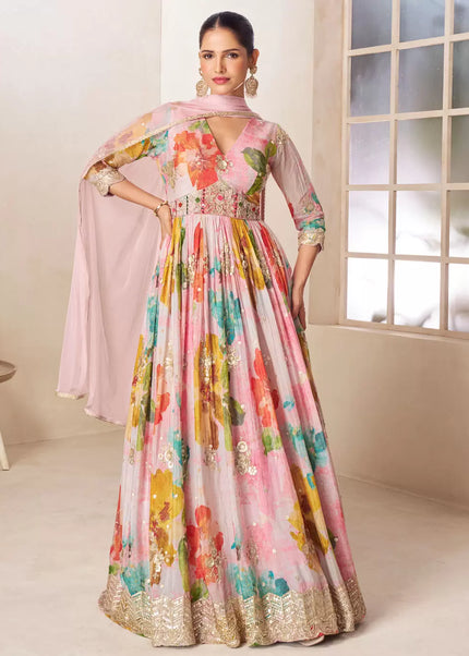 Pink Printed and Embroidered Anarkali Gown