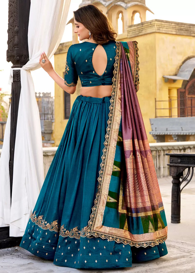 Teal Printed and Embroidered Lehenga Choli