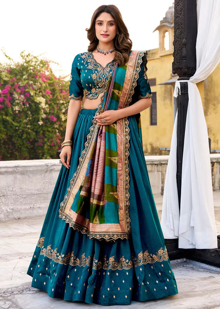 Teal Printed and Embroidered Lehenga Choli