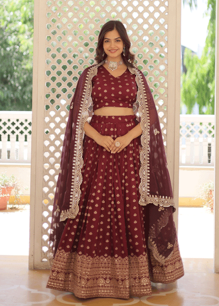 Wine Embroidered Lehenga Choli