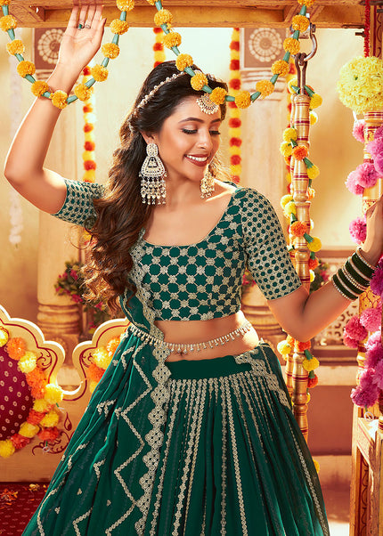 Green and Gold Embroidered Lehenga