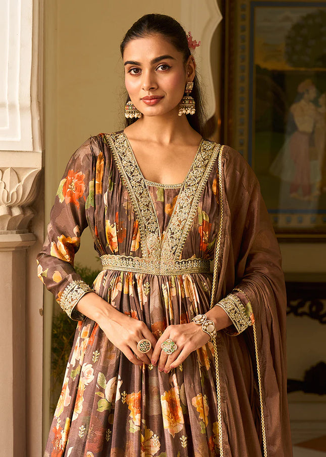 Brown Embroidered Anarkali Gown