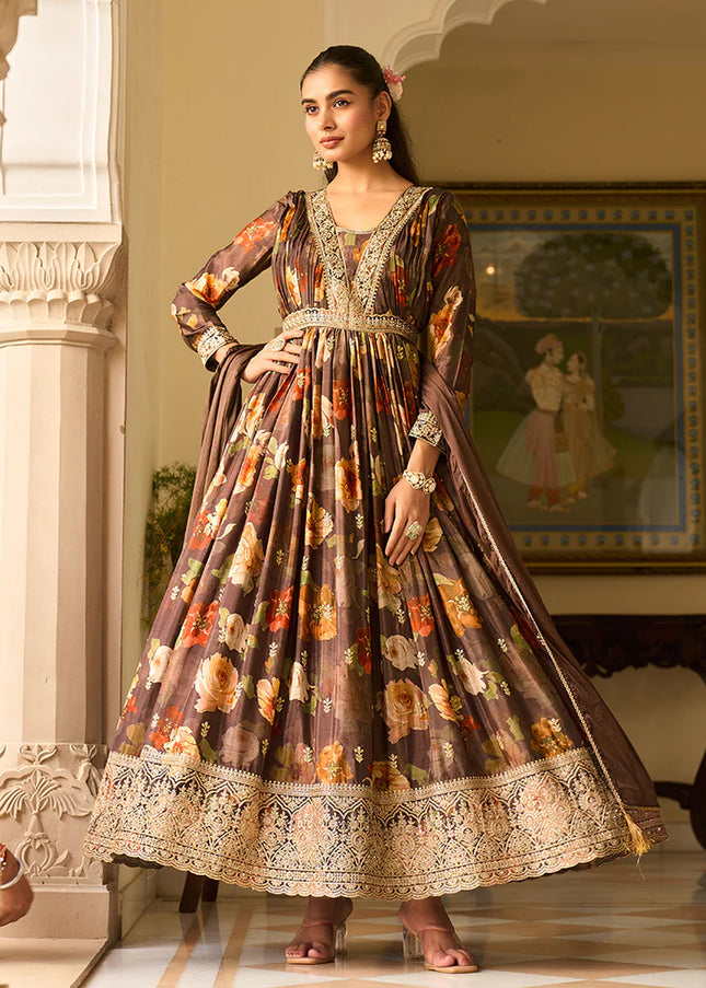 Brown Embroidered Anarkali Gown