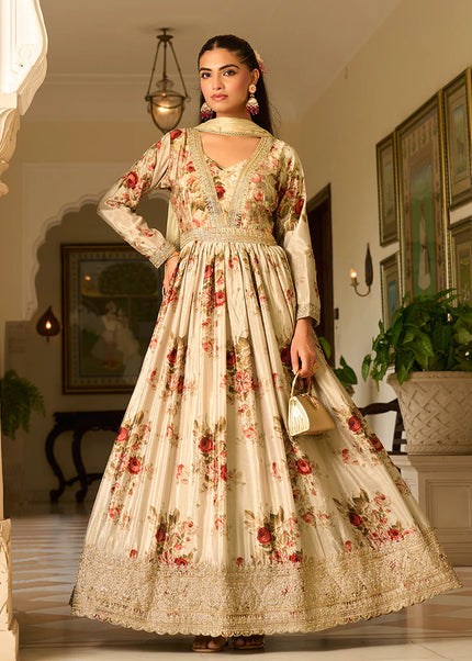 Cream Embroidered Anarkali Gown