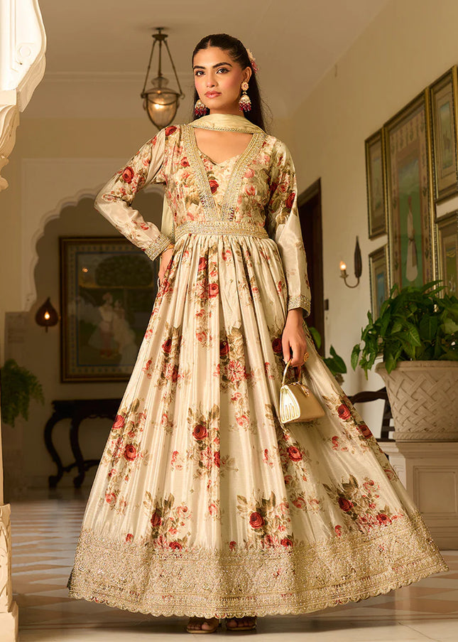 Cream Embroidered Anarkali Gown