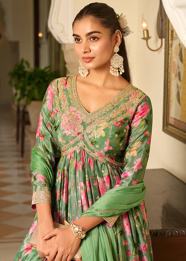 Green Embroidered Anarkali Gown