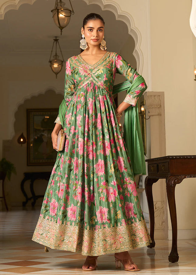 Green Embroidered Anarkali Gown
