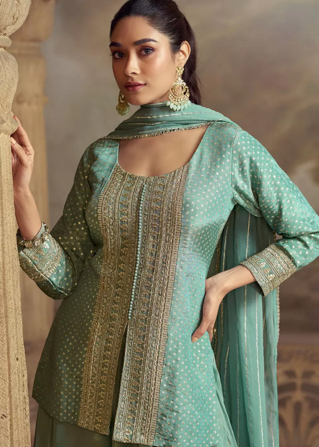 Aqua Blue Embroidered Sharara Suit