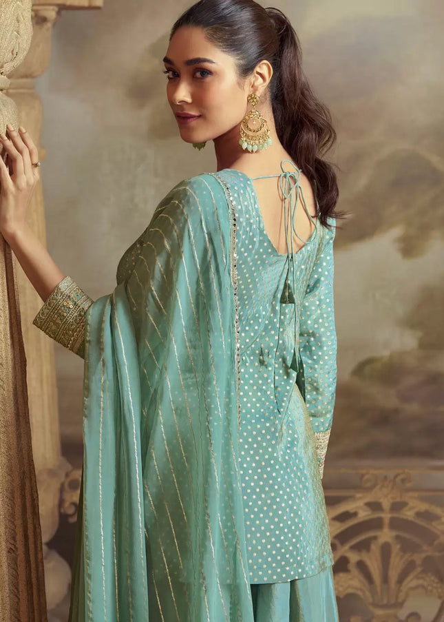 Aqua Blue Embroidered Sharara Suit