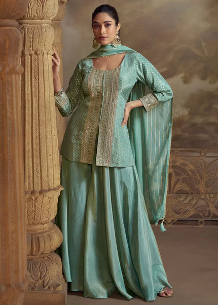 Aqua Blue Embroidered Sharara Suit