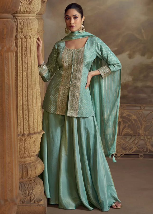 Aqua Blue Embroidered Sharara Suit