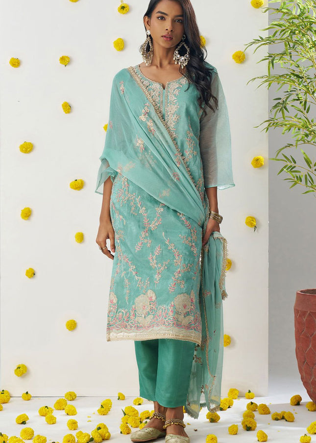 Sky Blue Embroidered Pant Suit