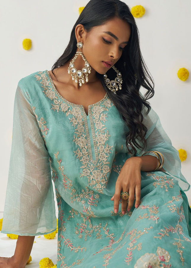 Sky Blue Embroidered Pant Suit