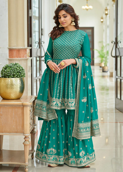 Aqua and Gold Embroidered Gharara Suit