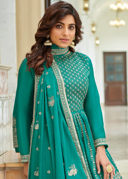 Aqua and Gold Embroidered Gharara Suit