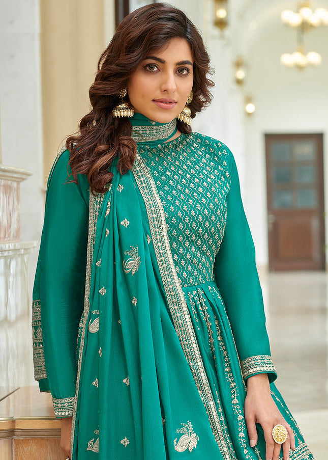 Aqua and Gold Embroidered Gharara Suit