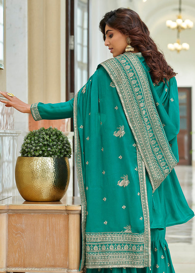 Aqua and Gold Embroidered Gharara Suit