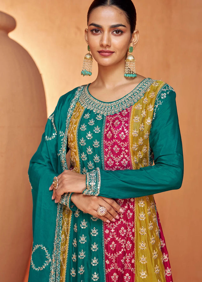 Teal Multicolor Embroidered Sharara Suit